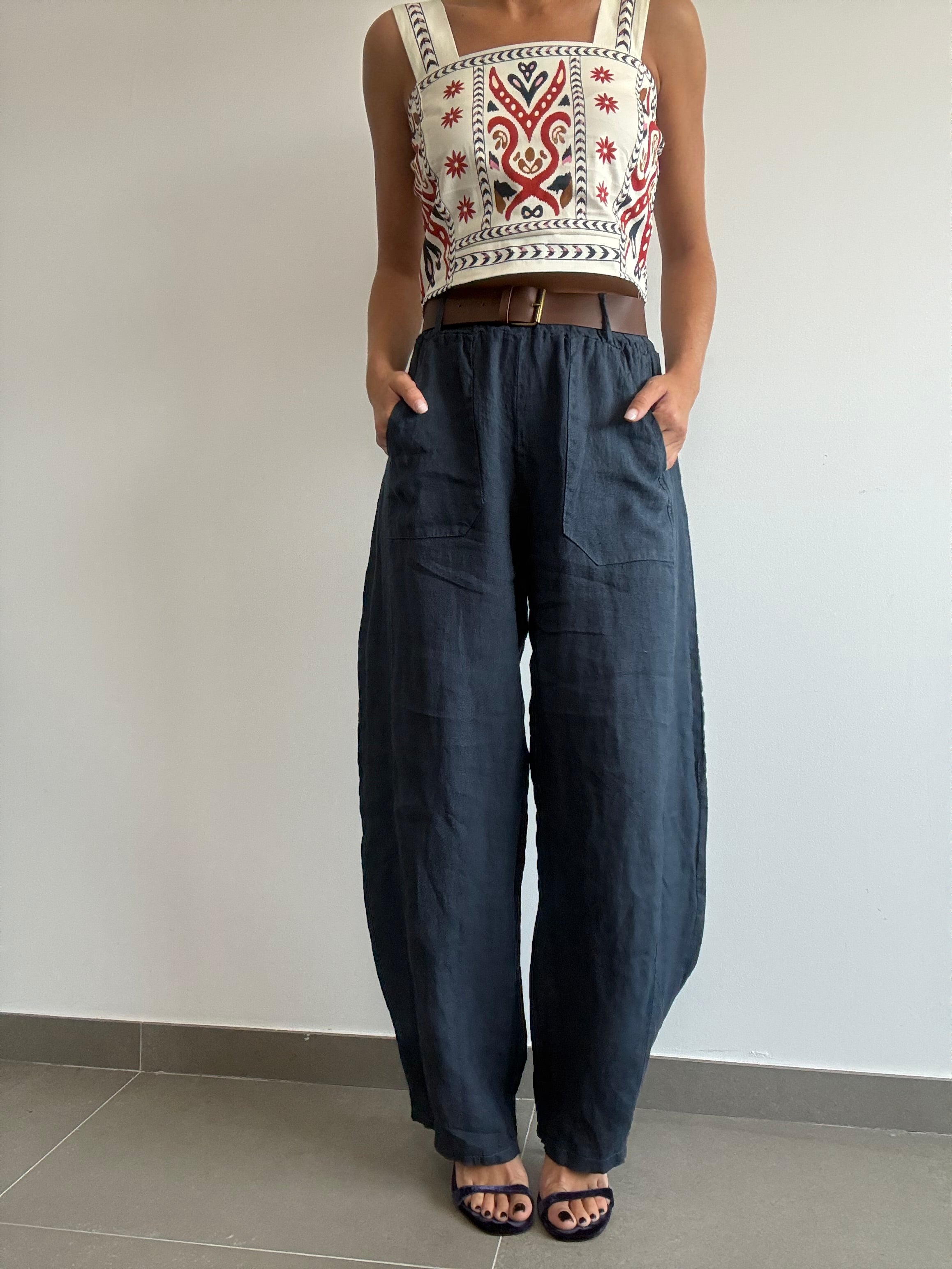 PANTALÓN LINO CINTURÓN AZUL