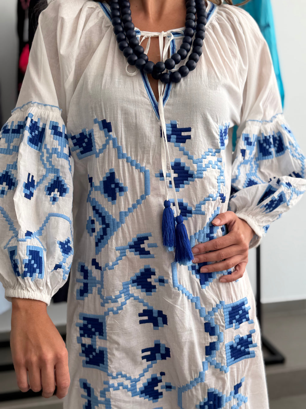 VESTIDO MACEDONIA BLANCO/AZUL
