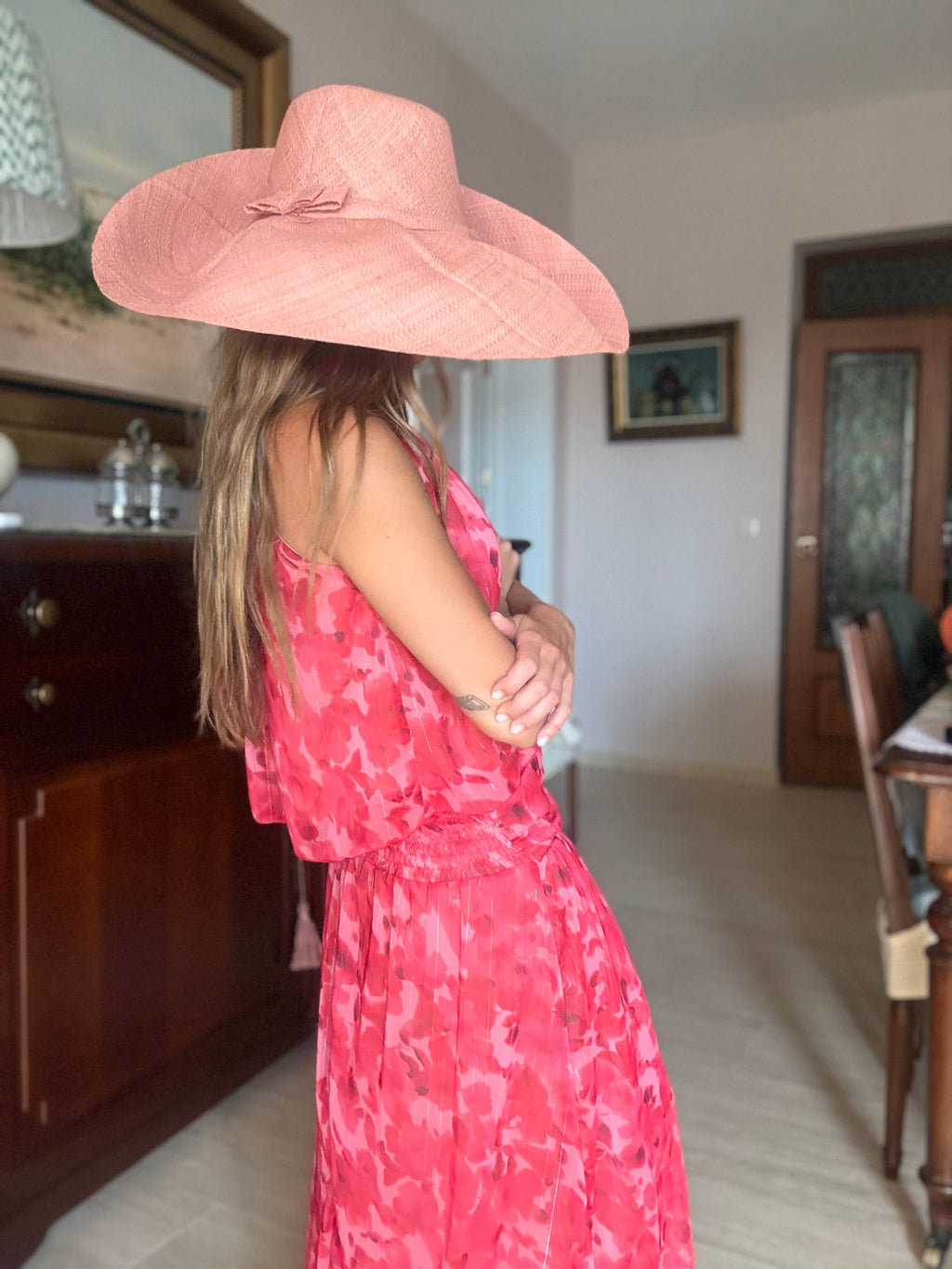 SOMBRERO RAFIA ROSA BEBÉ