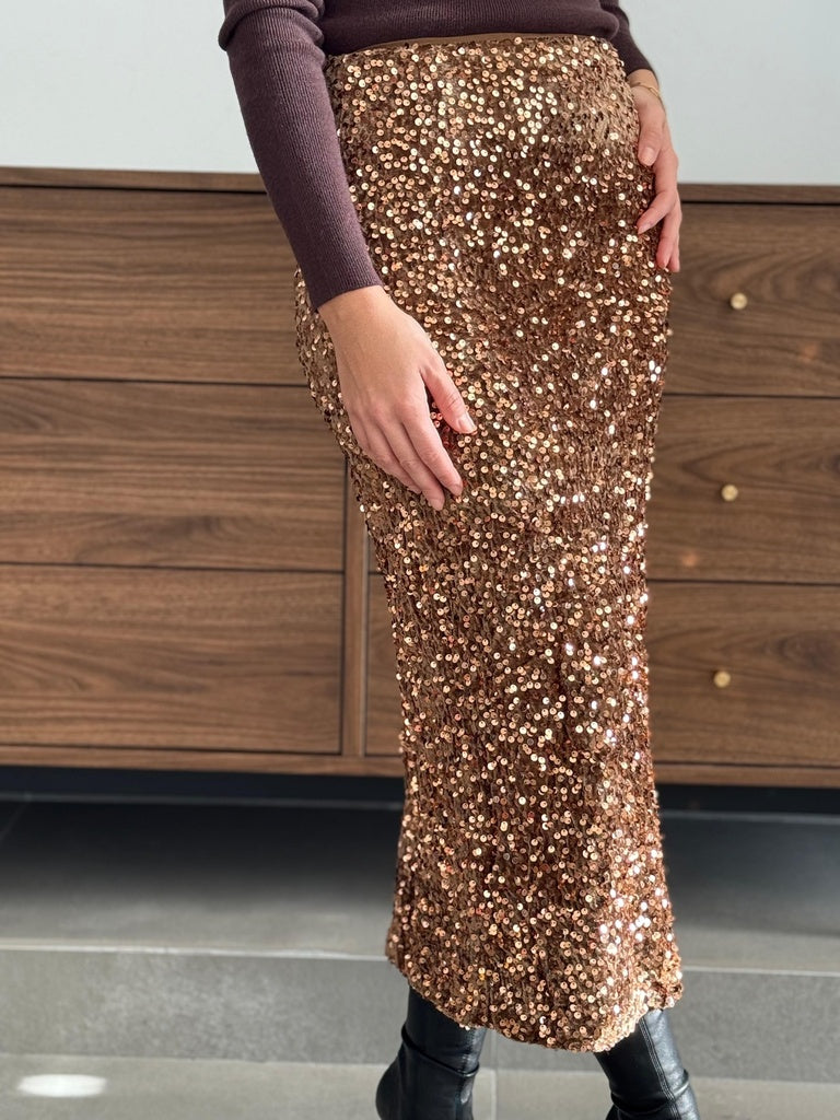 FALDA LENTEJUELAS COBRE