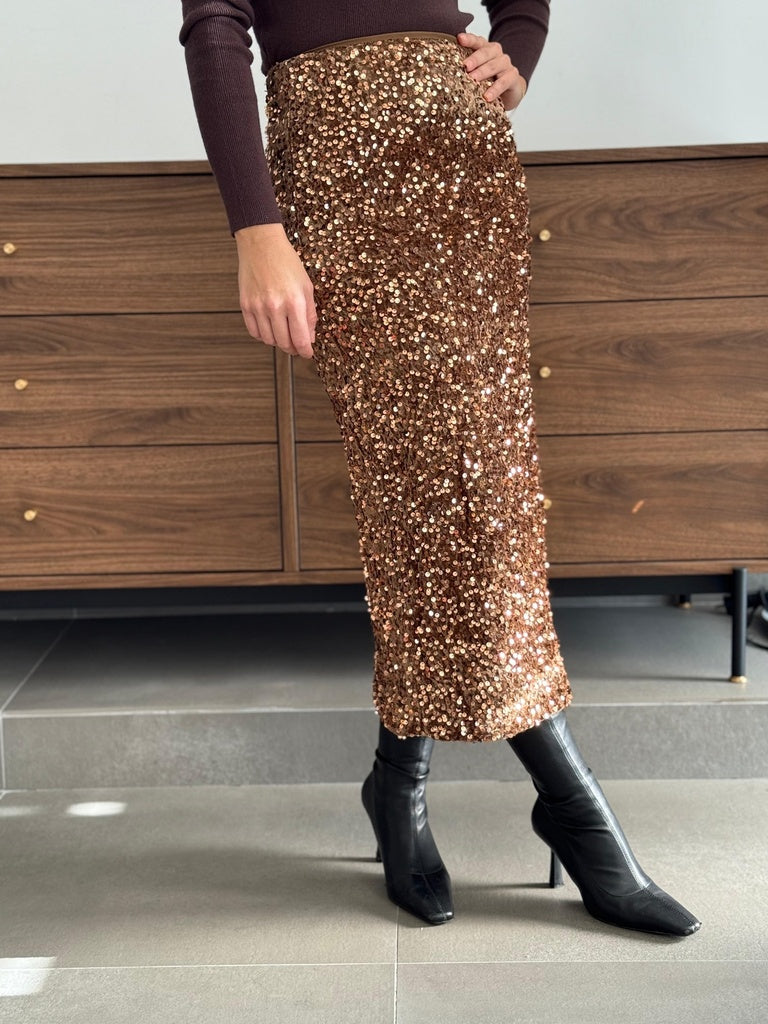 FALDA LENTEJUELAS COBRE